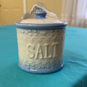 Vintage blue and white Ceramic Salt box in Cream and Light Blue